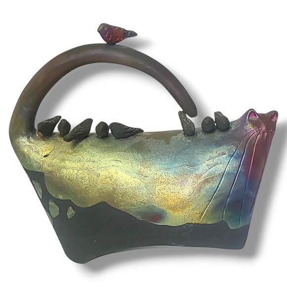 Raku Art Pottery "Fried Cats" Carole Fleischman Cat &Birds Sculpture Fugurine 8"